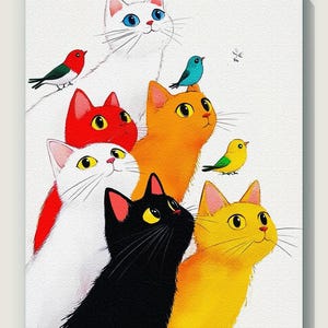 K&ouml;nnte beinhalten: Eine skurrile Illustration zeigt sechs Katzen in verschiedenen Farben, darunter Wei&szlig;, Rot, Orange, Schwarz und Gelb, die nach oben blicken. Jede Katze hat gelbe Augen, und einige werden von bunten V&ouml;geln begleitet. Das Kunstwerk ist vor einem wei&szlig;en Hintergrund.