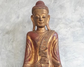 Extremely Rare Antique Large Shan TaiYai AVA Period Hollow Gilt Gold Dry Lacquer/Teakwood Standing Burmese Shakyamuni Buddha Statue 60" Tall