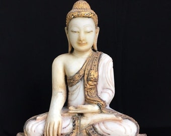 Antique Extremely Rare Burmese Alabaster Hand Carved Marble Buddha Statue Gilded Gold From Mandalay /White Marble /Asian Art/Meditation