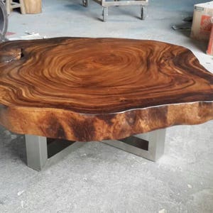 Coffee Table Round Live Golden Edge Acacia Wood Solid Cross Cut Slab With Stainless Steel Leg Base 42 x 48 x 17.5 Custom Made image 5