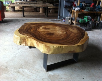 Live Edge Round Coffee Table 36"x 39" x 17.5" Reclaimed Grade AAA Golden Acacia Wood Solid Cross Cut Slab (Natural Shape)(Custom Made)