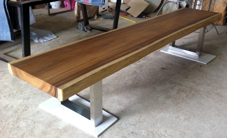 Stainless Steel Legs Live Edge Bench Table Reclaimed Acacia Wood Solid Slab