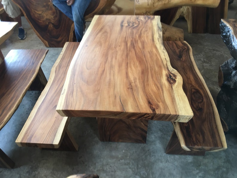 Live Edge Slab 4.9 ft In Length Dining Table/ Matching Two Bench Set Grade AAA Reclaimed Acacia Wood Solid Slab Custom Made Table Set image 5