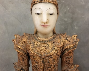 Antique Extremely Rare Mandalay Period Burmese Sitting Buddha Statue Carved Alabaster Stone Gilted Teakwood in Royal Costume Attire 24" Tall