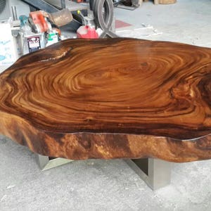 Coffee Table Round Live Golden Edge Acacia Wood Solid Cross Cut Slab With Stainless Steel Leg Base 42 x 48 x 17.5 Custom Made image 1