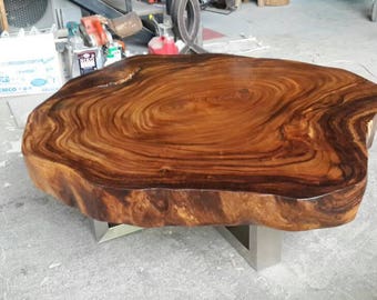 Coffee Table Round Live Golden Edge Acacia Wood Solid Cross Cut Slab With Stainless Steel Leg Base 42" x  48" x 17.5" Custom Made