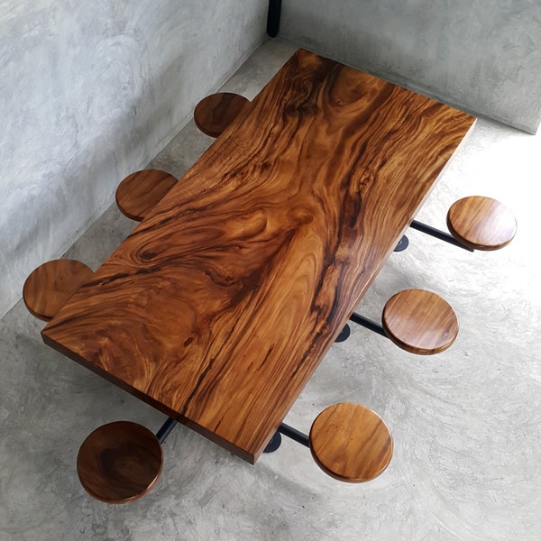 Straight Edge 8 Seater Dining Table Acacia Wood Single Slab With Industrial Style Steel Base and 8 Swivel Chairs