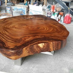 Coffee Table Round Live Golden Edge Acacia Wood Solid Cross Cut Slab With Stainless Steel Leg Base 42 x 48 x 17.5 Custom Made image 2