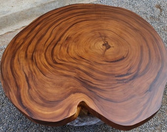 Coffee Table 42" x 48" x 17.5" Round Live Edge Golden Thai Acacia Wood Grade AAA Solid Cross Cut Slab With Stainless Steel Leg Custom Made