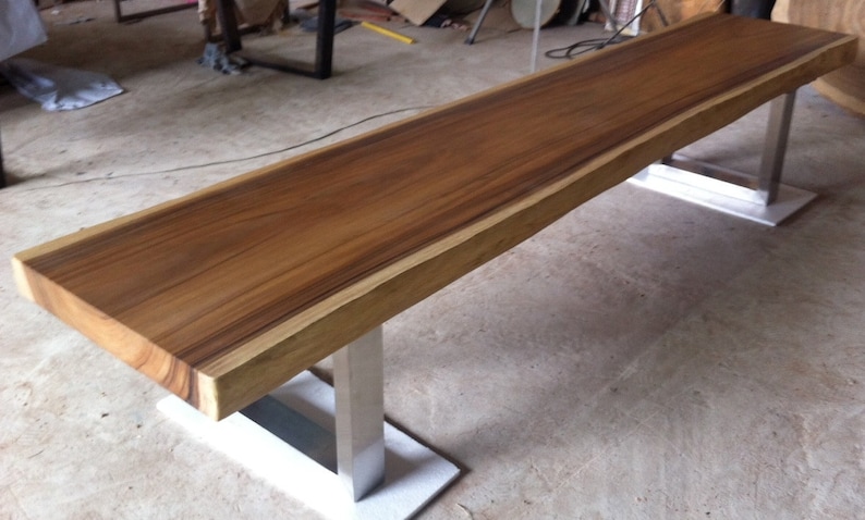 Stainless Steel Legs Live Edge Bench Table Reclaimed Acacia Wood Solid Slab