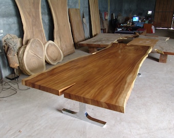 Extremely Rare Custom Made Live Edge Dining Table Reclaimed Solid Slab Golden Acacia Wood 10 to 12 Seater Chrome Dipped Legs