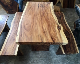 Live Edge Slab 4.9 ft In Length Dining Table/ Matching Two Bench Set Grade AAA Reclaimed Acacia Wood Solid Slab Custom Made Table Set