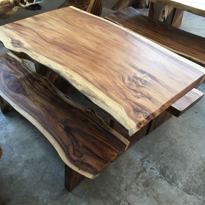Live Edge Slab 4.9 ft In Length Dining Table/ Matching Two Bench Set Grade AAA Reclaimed Acacia Wood Solid Slab Custom Made Table Set image 2