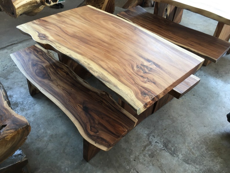 Live Edge Slab 4.9 ft In Length Dining Table/ Matching Two Bench Set Grade AAA Reclaimed Acacia Wood Solid Slab Custom Made Table Set image 2