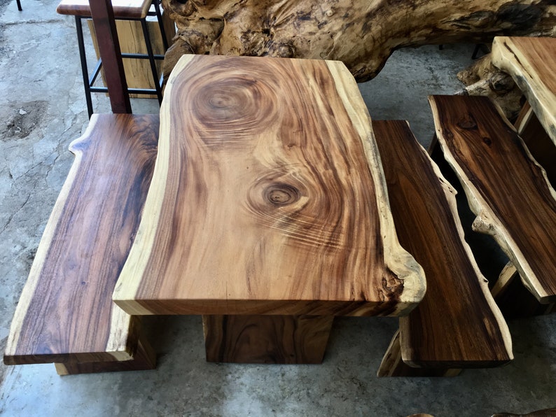 Live Edge Dining Table and Two Bench Set Reclaimed Golden Etsy