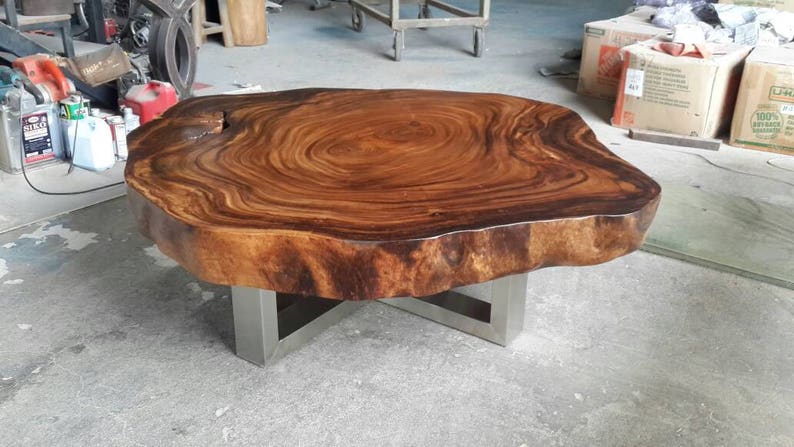 Coffee Table Round Live Golden Edge Acacia Wood Solid Cross Cut Slab With Stainless Steel Leg Base 42 x 48 x 17.5 Custom Made image 4