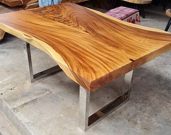 8Ft In Length Live Edge Slab Dining Table Reclaimed Grade AAA Thai Golden Acacia Wood Single Solid Slab Custom Made W/ Stainless Steel Legs