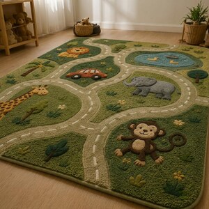 Safari Animal Hand Tufted Rug, Kids Playroom Area Rug, Jungle Nursery Rug, Road Map Rug, Lion Elephant Giraffe Monkey Decor, Custom Rug Gift