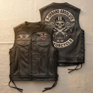 Op de afbeelding: Zwarte leren motorvest met voorzakken, knoopsluiting en veters aan de zijkant. De achterkant heeft een grote patch met een schedel met helm, vleugels en de tekst "X-URBAND ABSOLUTE MOTORCYCLE". Kleine patches op de voorkant met "Born to Ride".