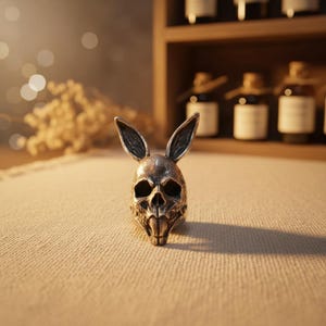 Puede incluir: Un anillo plateado con forma de calavera de conejo. El anillo presenta una cara con forma de calavera con cuencas oculares grandes, una cavidad nasal y dientes prominentes. Las orejas de conejo están erguidas. El anillo está sobre una superficie beige.