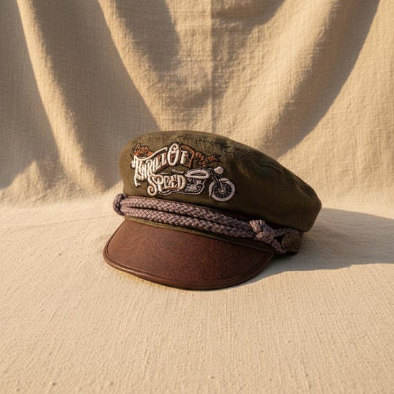Biker Canvas Sailor Hat – Genuine Leather Brim, Greek Fisherman