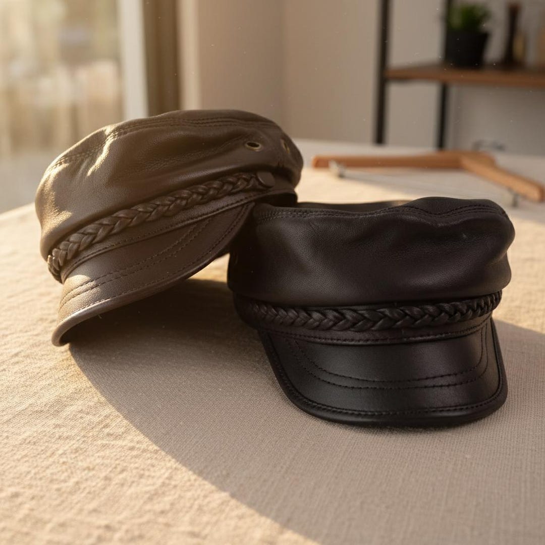 Handmade Lambskin Leather Sailor Hat – Braided Greek Fisherman Cap