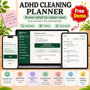 Puede incluir: Interfaz digital ADHD Cleaning Planner mostrada en una computadora portátil, teléfono inteligente y tableta. La pantalla muestra listas de tareas, un temporizador y seguimiento de progreso. Una nota adhesiva rosa dice, A calmer home starts with one small step.