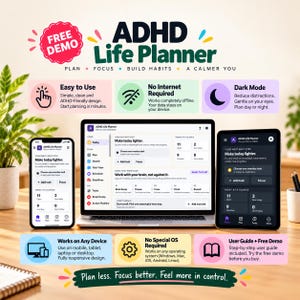 ADHD Life Planner App | ADHD Daily Planner | Brain Dump | Project Tracker | HTML Web App