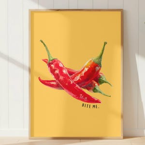 Stampa artistica con peperoncino rosso, vivace arte per la cucina, poster "Mordimi", download digitale