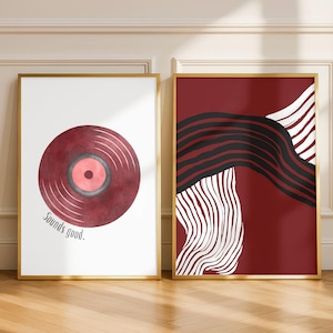 Zestaw 2 abstrakcyjnych utworów Sounds Good, plakat związany z muzyką Burgundy, akwarela, pobieranie cyfrowe