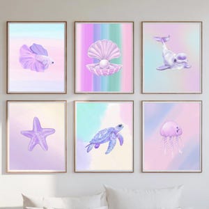 Set di 6 poster di animali marini per la cameretta dei bambini, stampe digitali per la stanza dei più piccoli, download digitale.