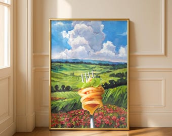 Póster de cocina divertido, ilustración de pasta con tenedor, descarga digital.