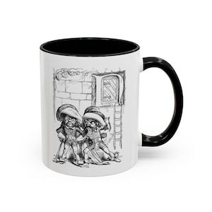 May include: White ceramic mug with a black interior and handle. The mug displays a black and white illustration of two cartoon figures in historical attire, positioned before a brick wall with a window.