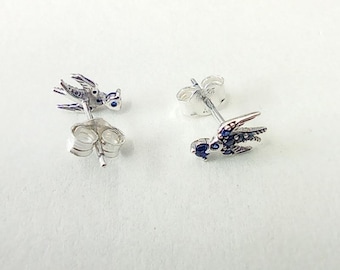 Pandora 925 Blue Sparkling Swallow Stud Earrings
