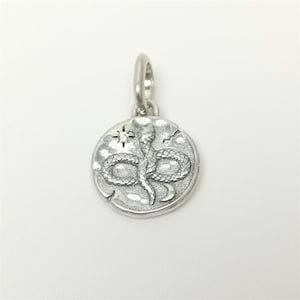 Puede incluir: Un colgante circular de plata con un relieve de una serpiente enroscada en el centro. El diseño incluye una pequeña estrella de cuatro puntas sobre la serpiente y una forma de media luna debajo, todo sobre un fondo de plata mate texturizado.