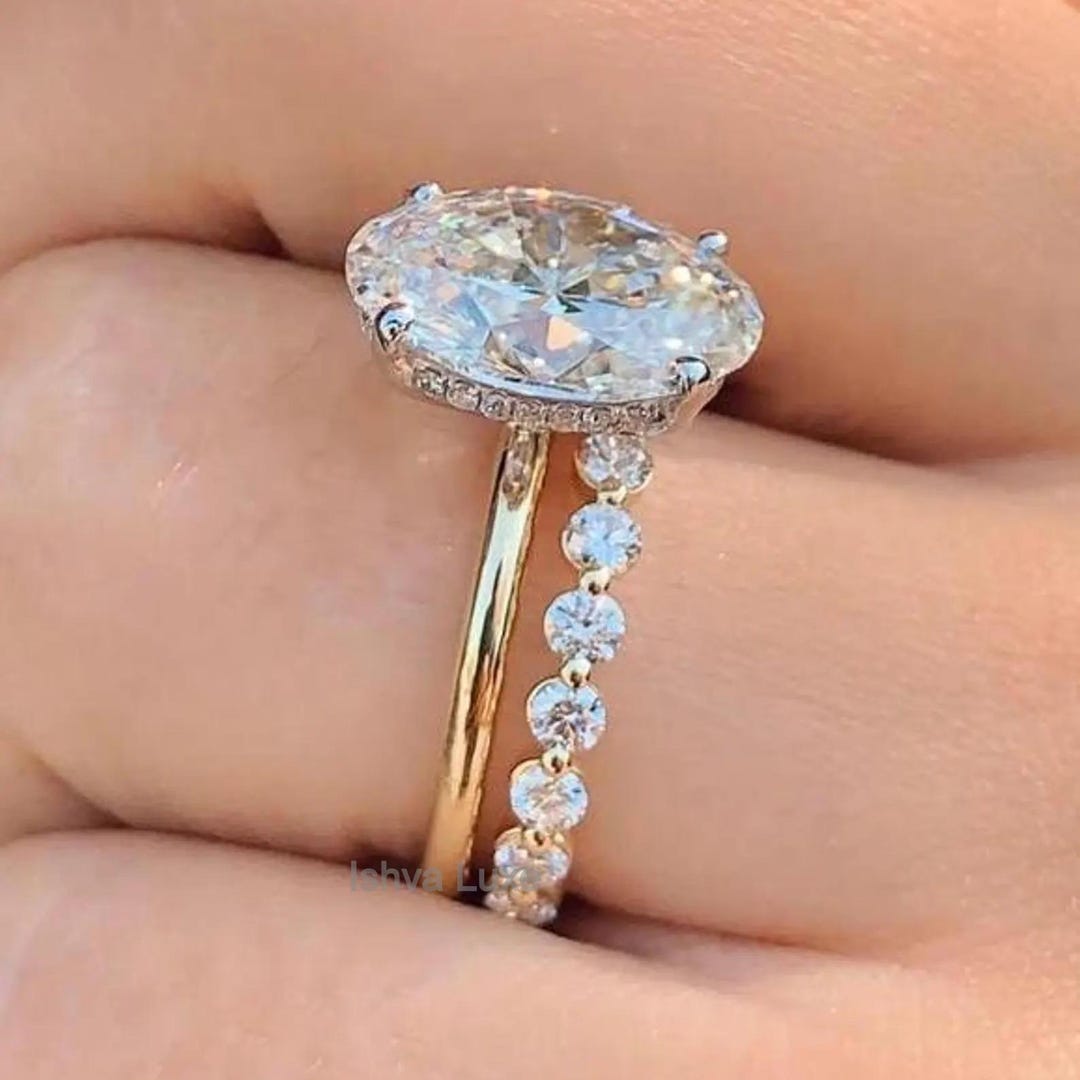 3 CT Oval Moissanite Engagement Ring Set 14K Gold Hidden Halo Bridal ...