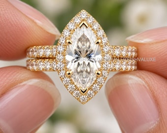 Set di anelli di fidanzamento con moissanite taglio marquise e pavé di diamanti, anello da sposa in oro giallo 14 carati con fascia eternity completa, set di fedi nuziali vintage unico.