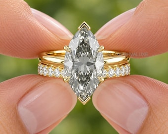 Verlobungsring-Set mit grauem Marquise-Moissanit, 14-karätiges Gelbgold-Brautset, Solitärring mit Pavé-Ehering, einzigartiges romantisches Schmuckgeschenk