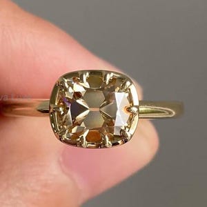 2.50 CT Champagne Color Old Mine Cushion Cut Moissanite Engagement Ring, East to West Bezel Set 14K Yellow Gold Wedding Ring For Her
