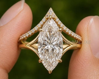 4 CT Marquise Cut Moissanite Engagement Ring Set | 14K Solid Gold Wedding Ring Set with Matching V Shape Wedding Band | Bridal Set for Her