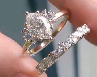2 CT Marquise Cut Moissanite Engagement Ring Set , 14K Gold Wedding Ring Set,Bridal Ring Set With Half Eternity Marquise And Round Band