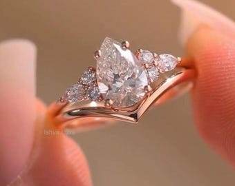 Pear Cut Moissanite Cluster Engagement Ring Set,14k Rose Gold V Shaped Wedding Set,Curved Matching Band,Unique Teardrop Bridal Jewelry