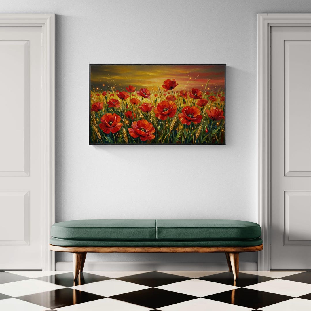 Red Poppy Field Sunset Art Print | Cottagecore Botanical Wall Decor ...