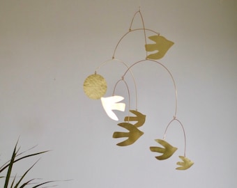 Flock brass kinetic bird mobile