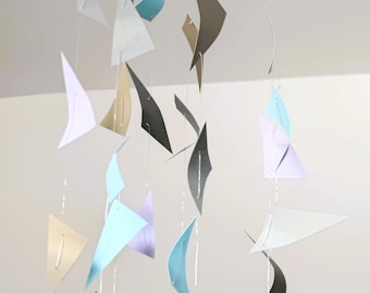 curved triangle mobile in grey gold blue and lilac