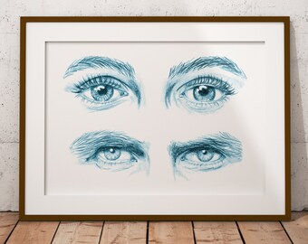 Eyes Pencil Drawing Blue Large Size Blue Sketch Minimalist Clear White Background Phthalo Blue Green Instant dowload Wall Deco Art