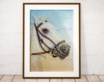 White Horse Head Watercolor Portrait Animal Art Large format JPG A2 pastel colors Blue Yellow digital instant print