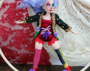 OOAK Clown Acrobat Doll, Repaint, Curvy Barbie MTM Body, Gothic Circus Style