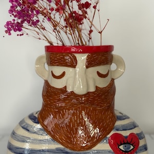 Handmade Ceramic Vase – Coastal Bearded Sailor Vase, Ocean Inspired Pottery, Nautical Home Decor, Sculptural Face Vase
