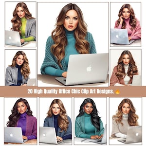 May include: A collection of digital clip art designs featuring women in business attire using laptops. The images showcase various outfits, including sweaters and turtlenecks, in a variety of colors. The text reads "20 High Quality Office Chic Clip Art Designs."